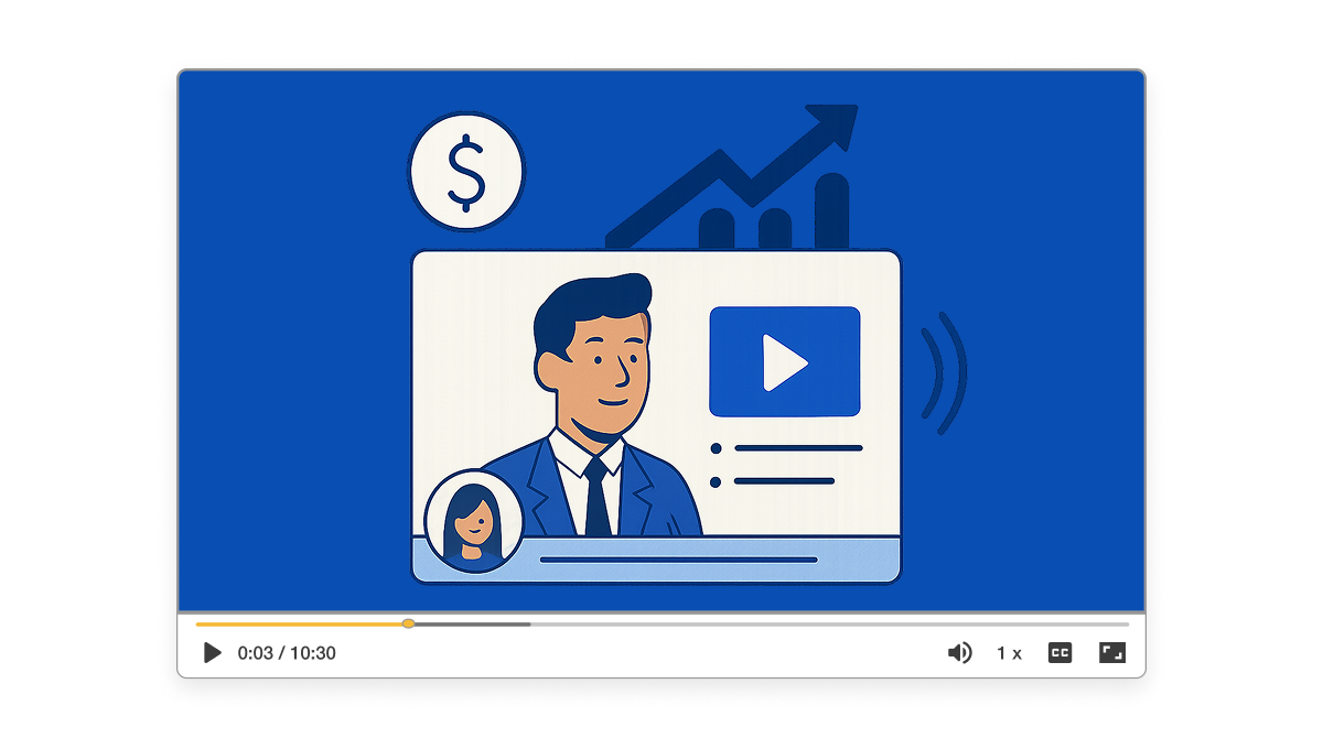 Illustration of a sales enablement video generator showing a business rep with video elements and growth charts using Visla.